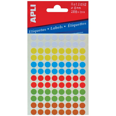 Apli - etiquetas redondas en bolsa de 8 mm de diámetro, colores surtidos, 288 piezas, 96 por hoja (2092)