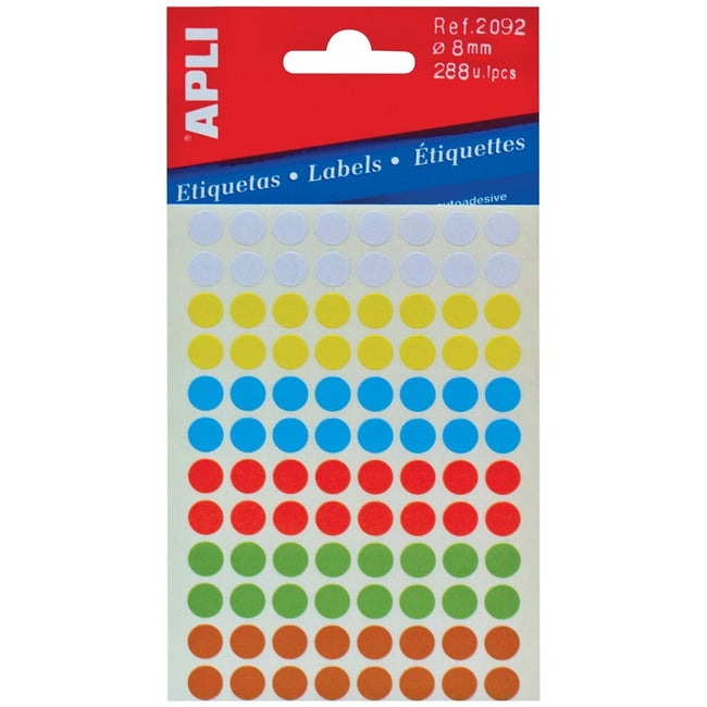Apli - round labels in pouch diameter 8 mm, assorted colors, 288 pieces, 96 per sheet (2092)
