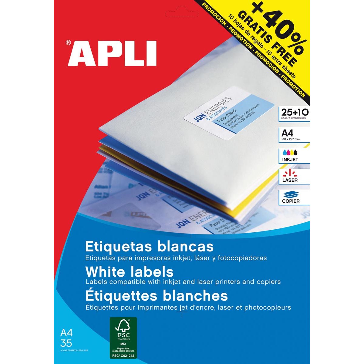 Apli -  etiketten ft 70 x 37 mm (b x h), rechte hoeken, 600 stuks, 24 per blad (1212)