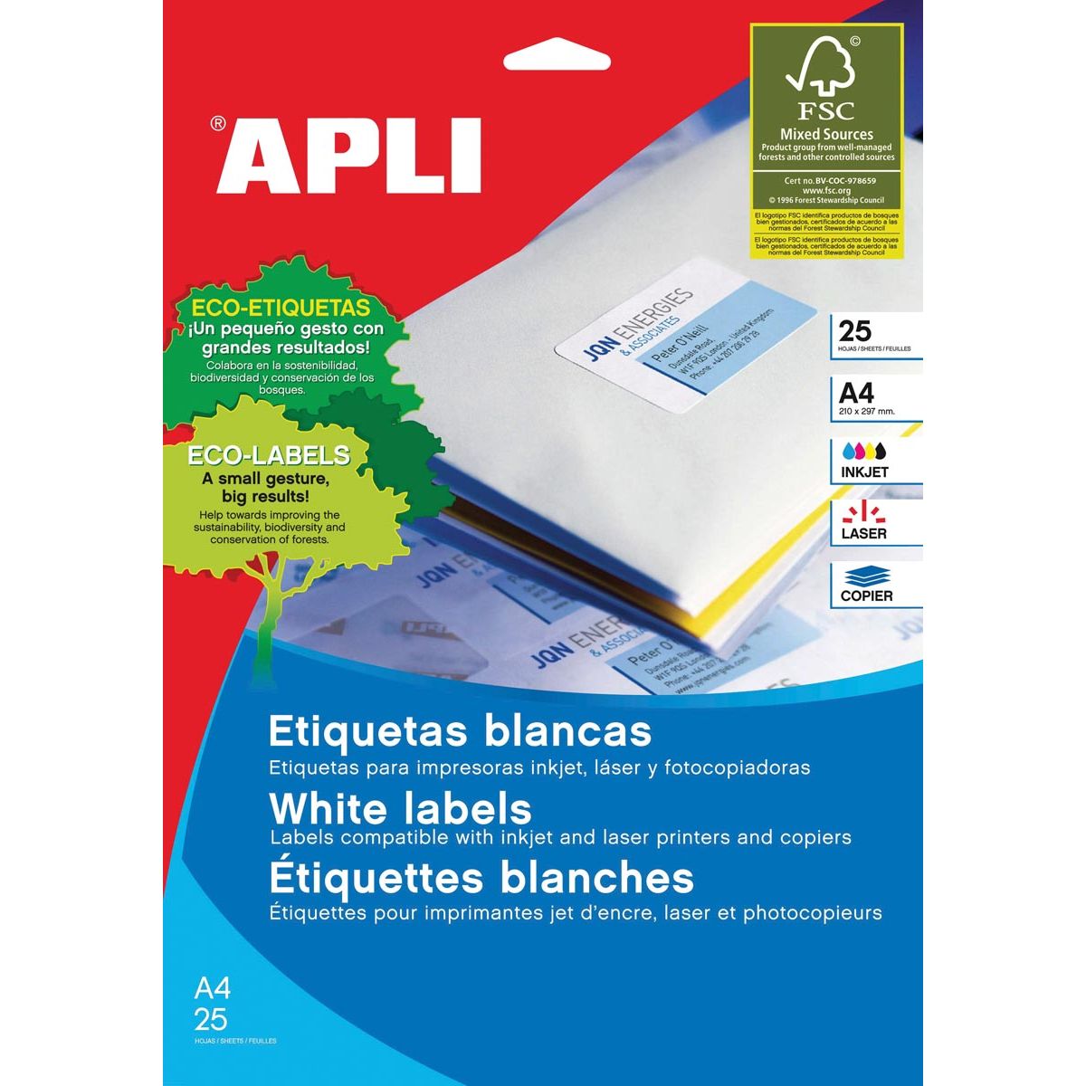 Apli -  etiketten ft 210 x 297 mm (b x h), rechte hoeken, 25 stuks, 1 per blad (1215)
