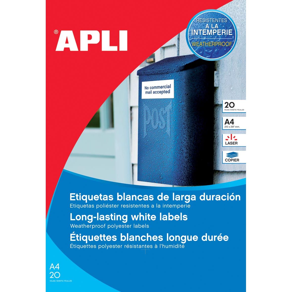 Apli - weatherproof labels ft 210 x 297 mm (w x h), 20 pieces, 1 per sheet, box of 20 sheets