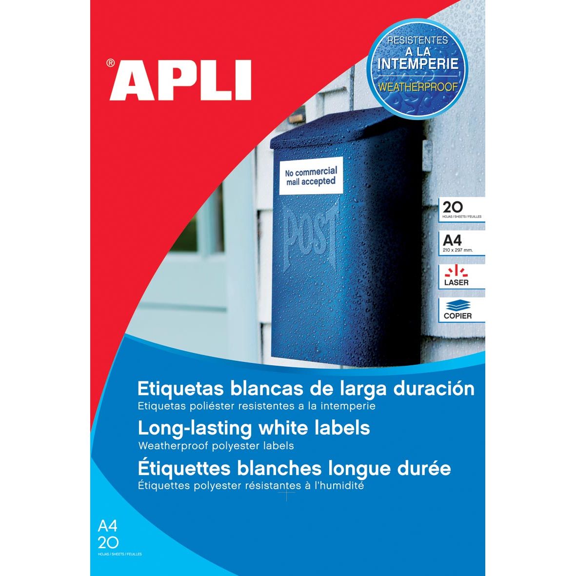 APLI - Wetterresistente Etiketten ft 210 x 297 mm (b x h), 20 Stücke, 1 pro Blatt, 20 Blattkasten