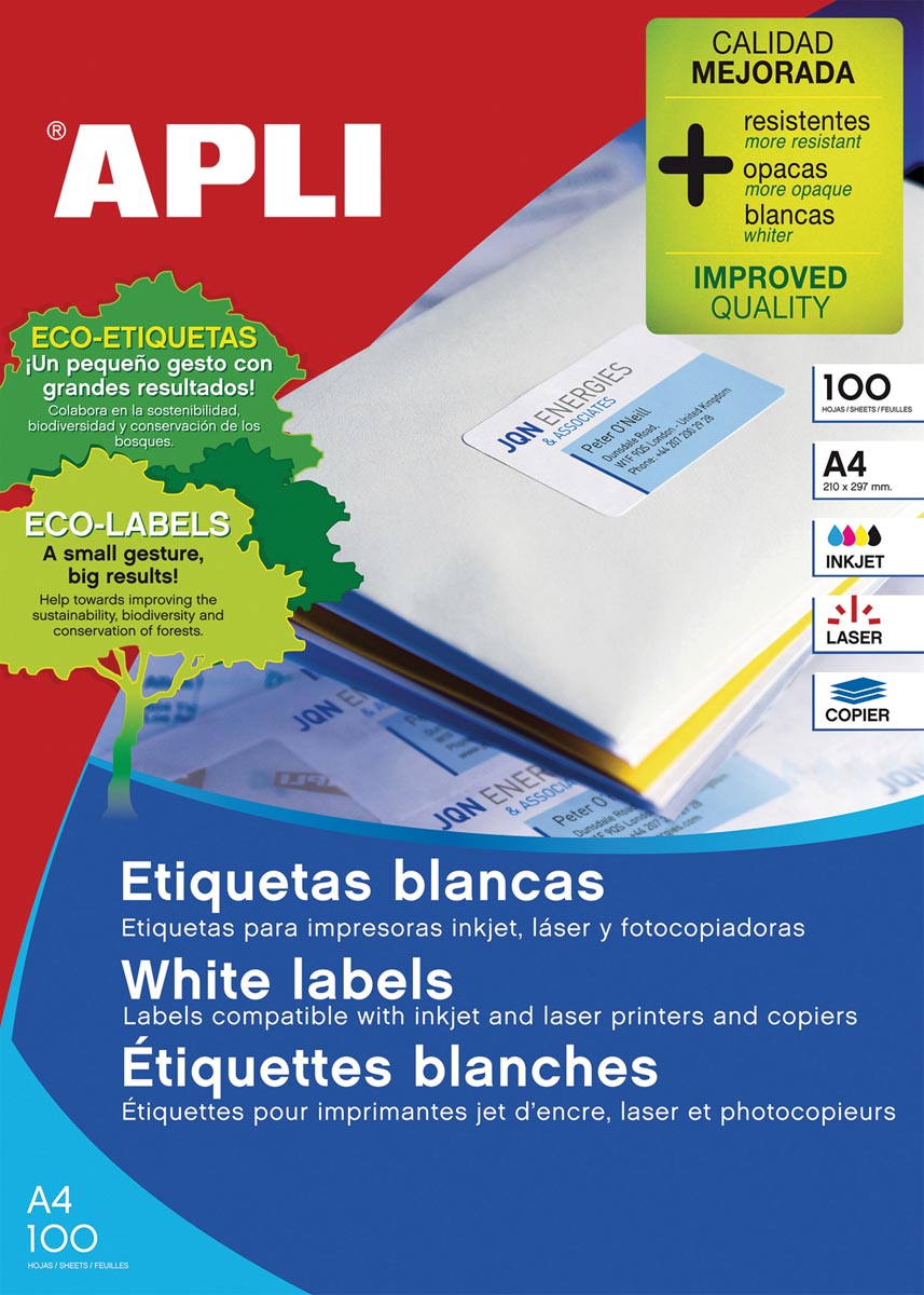 Apli – weiße Etiketten ft 70 x 33,8 mm (B x H), 2.400 Stück, 24 pro Blatt (1293)