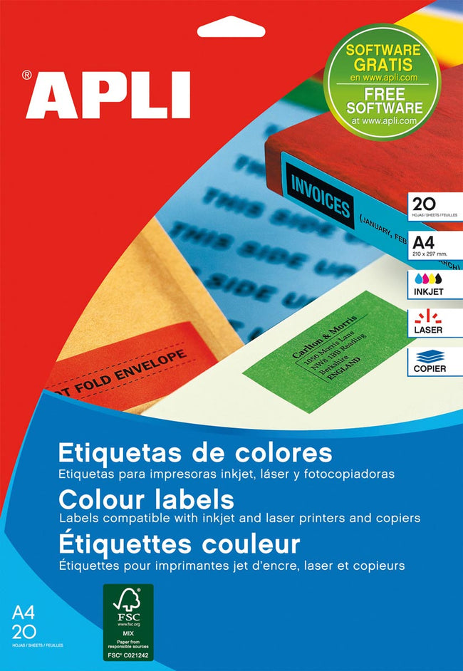 Apli - etichette colorate ft 70 x 37 mm (l x a), giallo, 480 pezzi, 24 per foglio (1591)