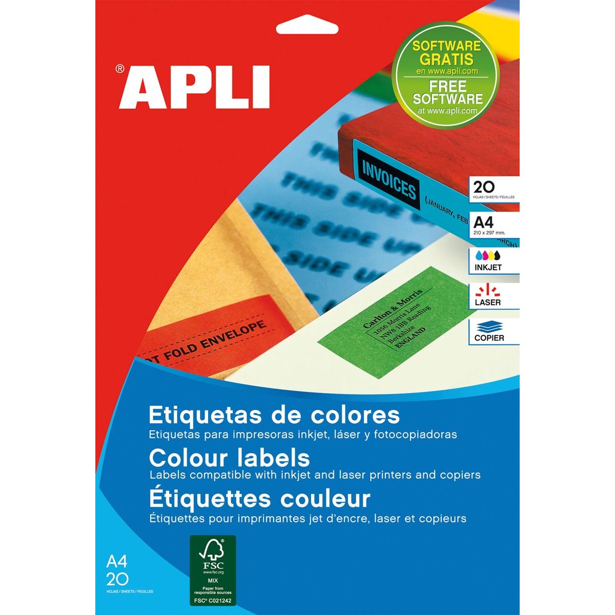 Apli -  gekleurde etiketten ft 70 x 37 mm (b x h), geel, 480 stuks, 24 per blad (1591)