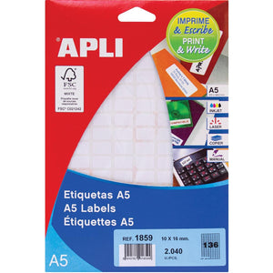Apli - White labels Print Write ft 10 x 16 mm (w x h), 2,040 pieces, 136 per sheet (1859)