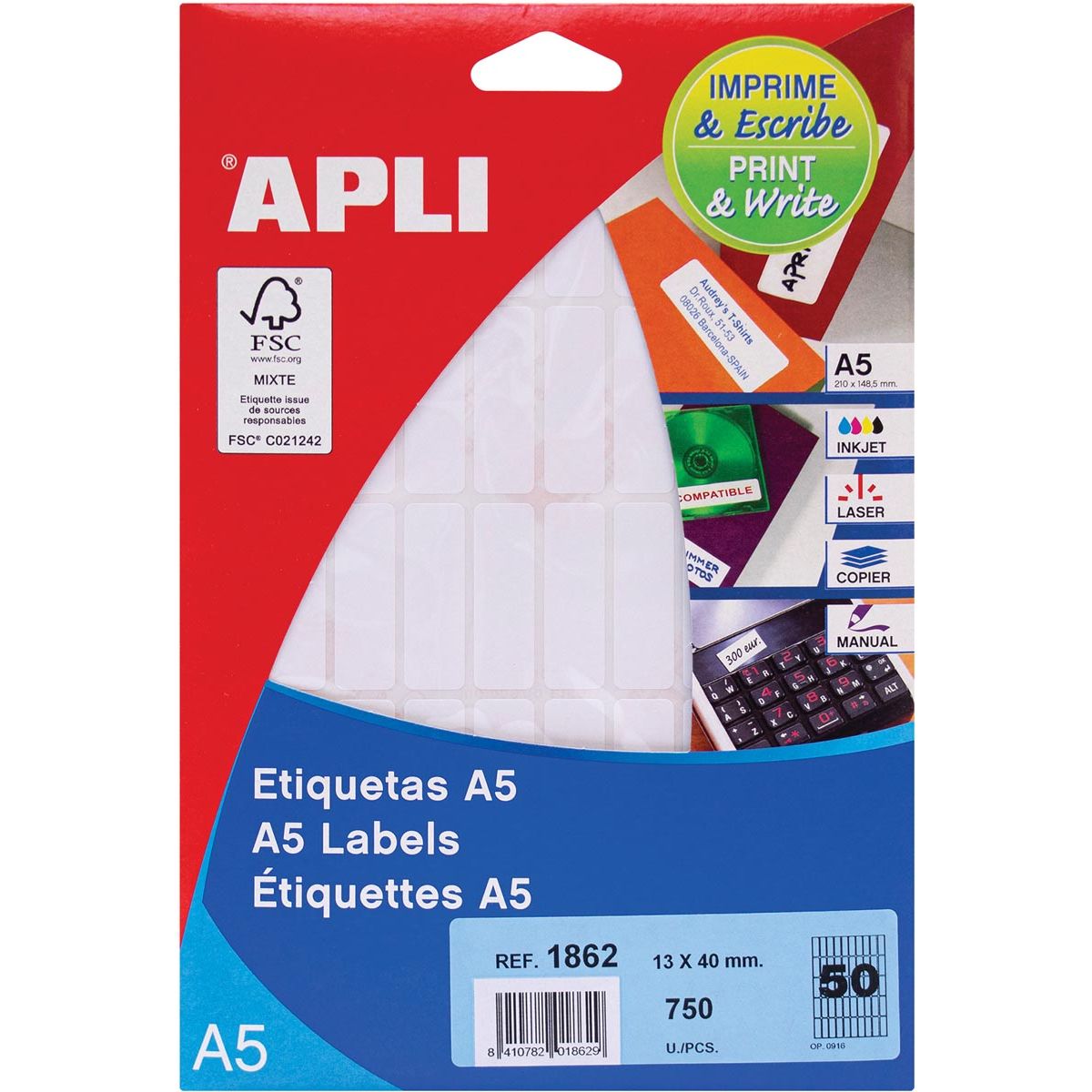 Apli - witte etiketten Print Write ft 13 x 40 mm (b x h), 750 stuks, 50 per blad (1862)