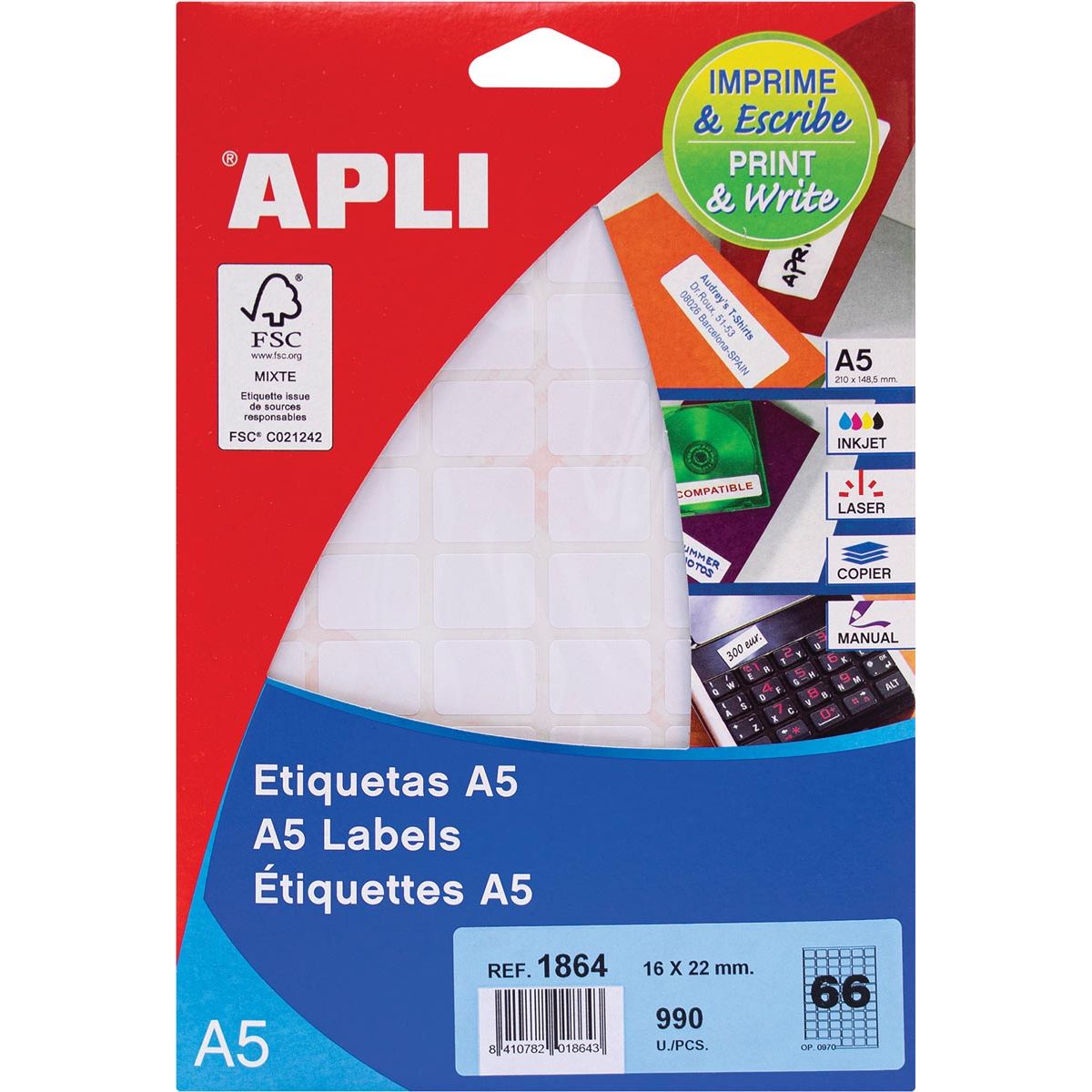 Apli - etichette bianche Stampa Scrivi ft 16 x 22 mm (l x a), 990 pezzi, 66 per foglio (1864)
