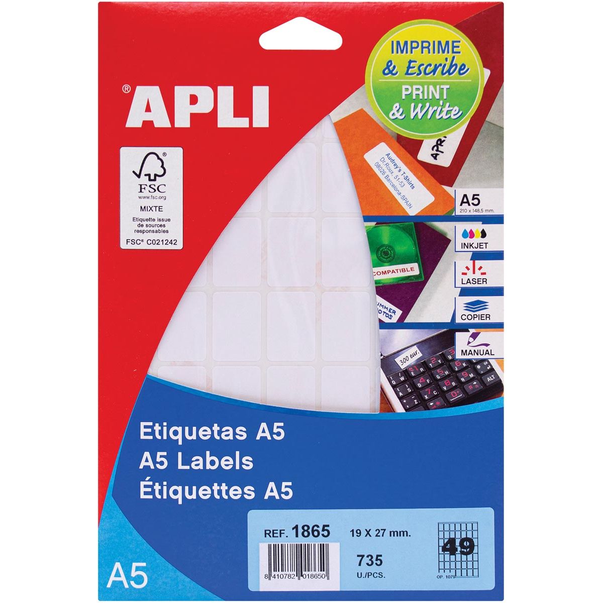 Apli - étiquettes blanches Print Write ft 19 x 27 mm (l x h), 735 pièces, 49 par feuille (1865)