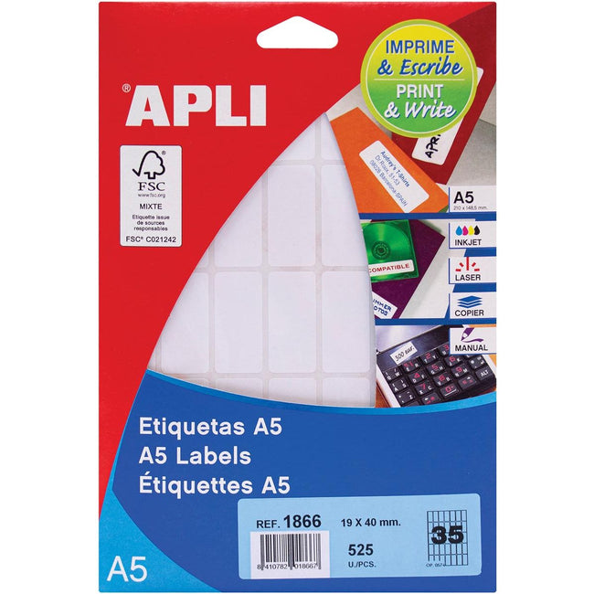 Apli -  witte etiketten Print Write ft 19 x 40 mm (b x h), 525 stuks, 35 per blad (1866)
