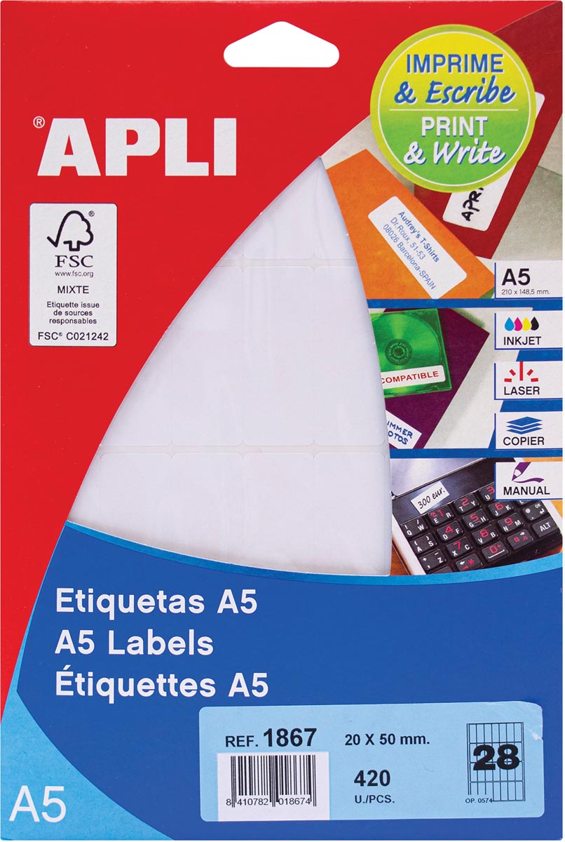 Apli - etichette bianche Stampa Scrivi ft 20 x 50 mm (l x h), 420 pezzi, 28 per foglio (1867)