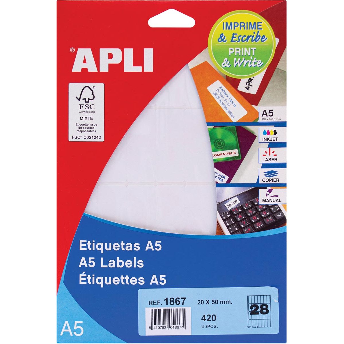 Apli -  witte etiketten Print Write ft 20 x 50 mm (b x h), 420 stuks, 28 per blad (1867)