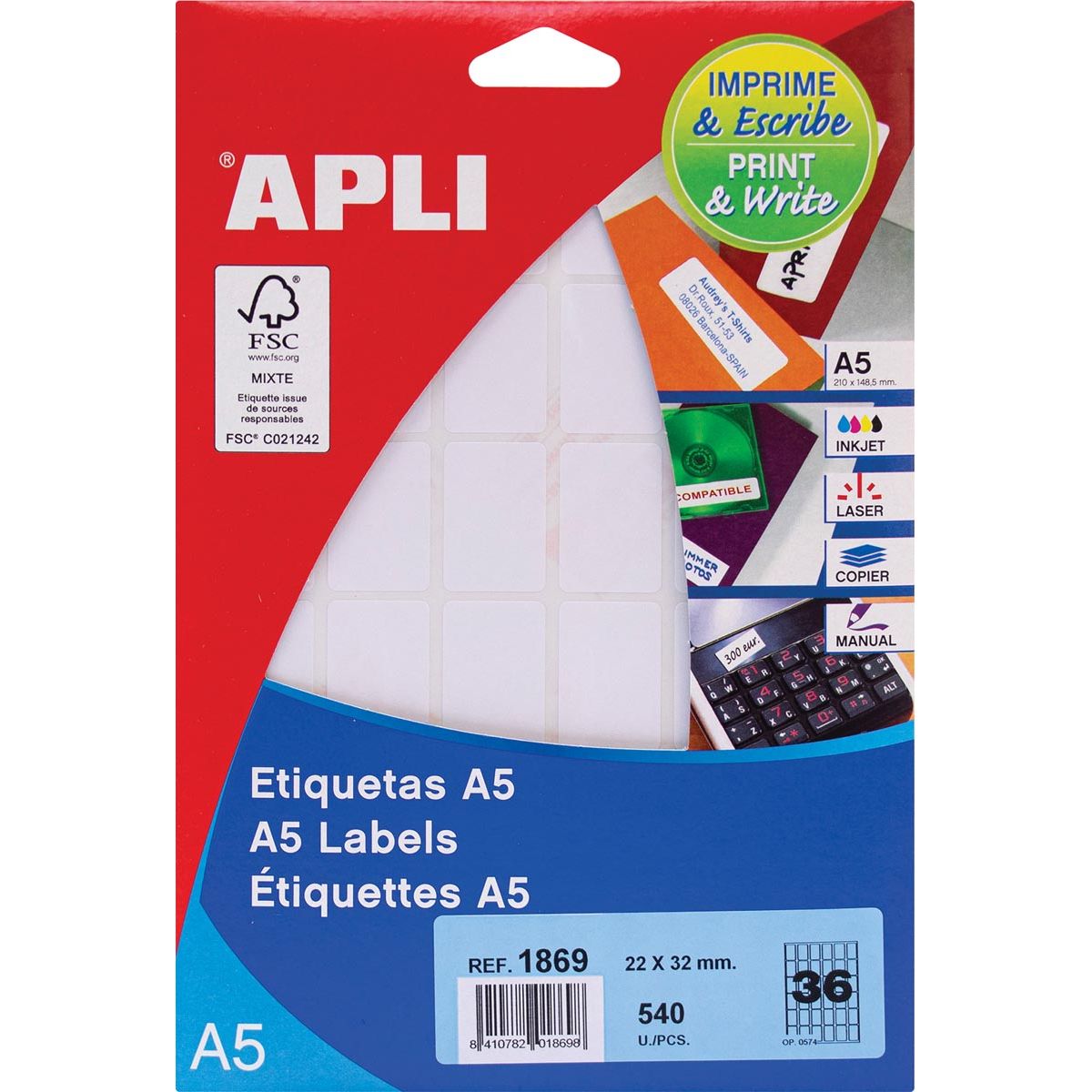 Apli -  witte etiketten Print Write ft 22 x 32 mm (b x h), 540 stuks, 36 per blad (1869)