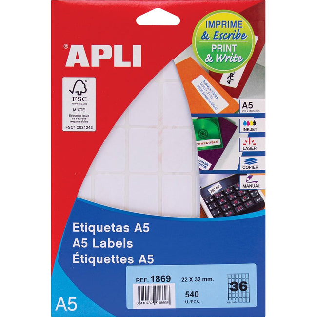 Apli - white labels Print Write ft 22 x 32 mm (w x h), 540 pieces, 36 per sheet (1869)