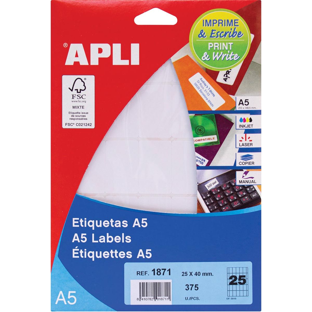 Apli -  witte etiketten Print Write ft 25 x 40 mm (b x h), 375 stuks, 25 per blad (1871)
