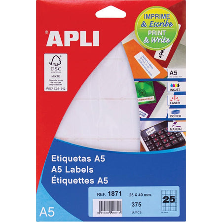 Apli - Etiquetas blancas Print Write pies 25 x 40 mm (ancho x alto), 375 piezas, 25 por hoja (1871)