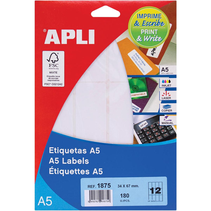 Apli -  witte etiketten Print Write ft 34 x 67 mm (b x h), 180 stuks, 12 per blad (1875)