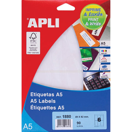 Apli - etiquetas blancas Print Write pies 49 x 82 mm (ancho x alto), 90 piezas, 6 por hoja (1880)
