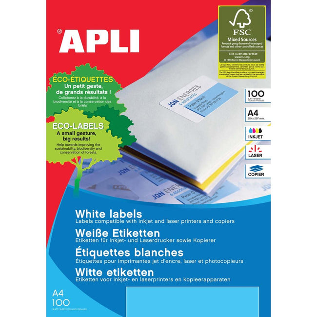 Apli - Witte etiketten ft 63,5 x 46,6 mm (b x h), 1.800 stuks, 18 per blad (2415)