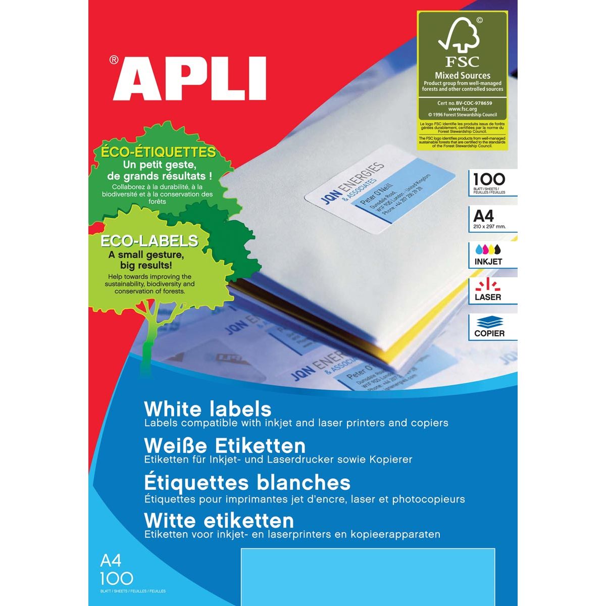 Apli -  Witte etiketten ft 199,6 x 144,5 mm (b x h), 200 stuks, 2 per blad (2423)