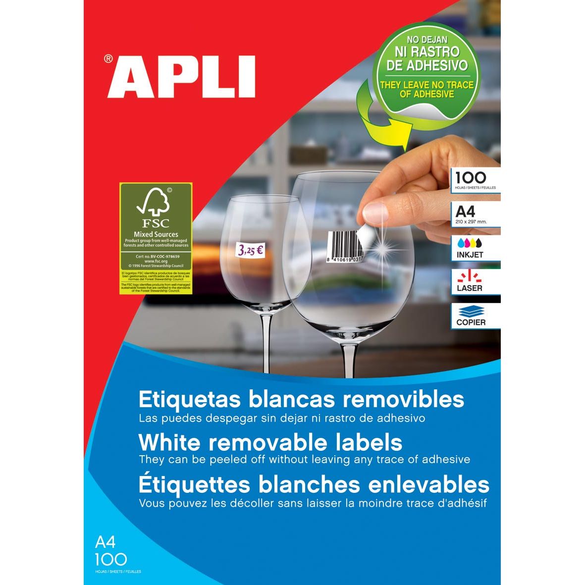 Apli -  afneembare witte etiketten ft 38 x 21,2 mm (b x h), 6.500 stuks, 65 per blad (3052)