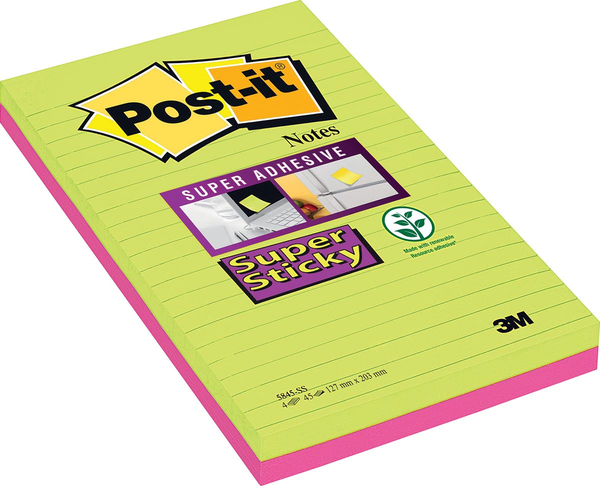 Post -it - Super Sticky Notes xxxl, 45 feuilles, FT 127 x 203 mm, couleurs assorties, pack de 2 blocs