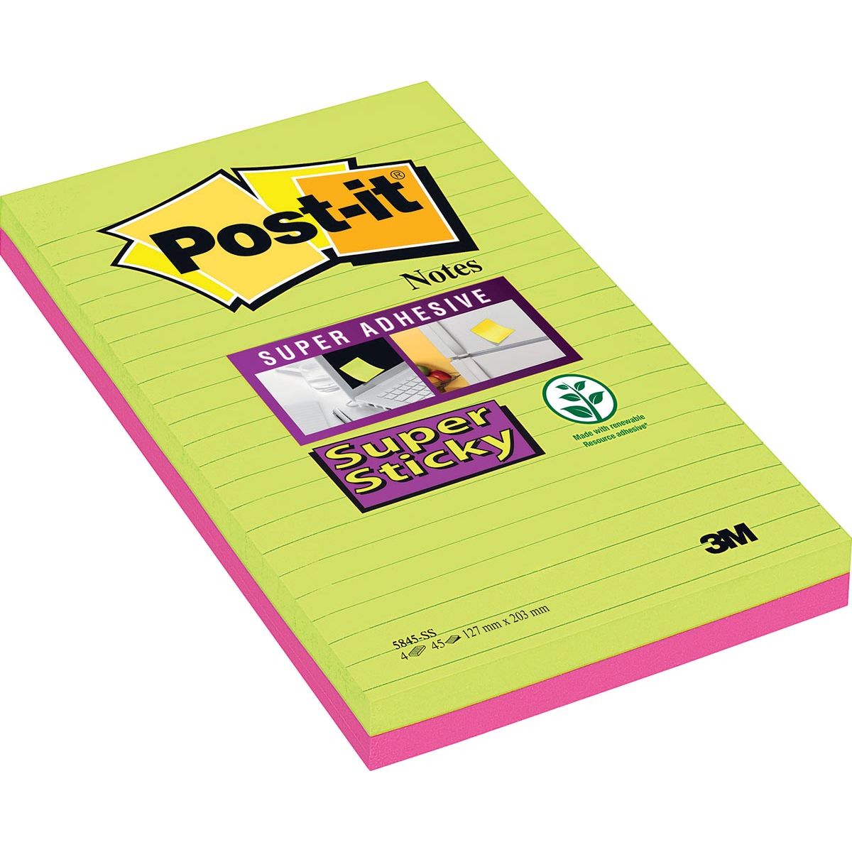 Post-it Super Sticky -  Super Sticky notes XXXL, 45 vel, ft 127 x 203 mm, geassorteerde kleuren, pak van 2 blokken