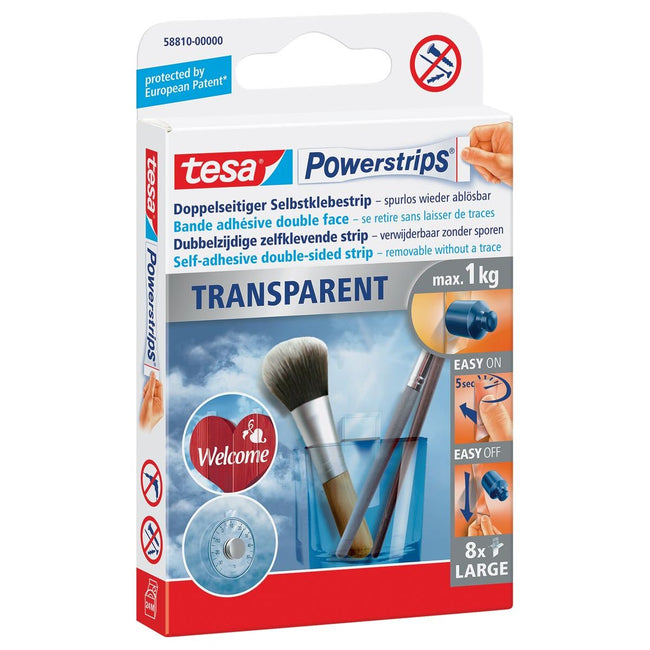 Tesa - Powerstrips transparent, capacité 1 kg, transparent, ampoule de 8 pièces