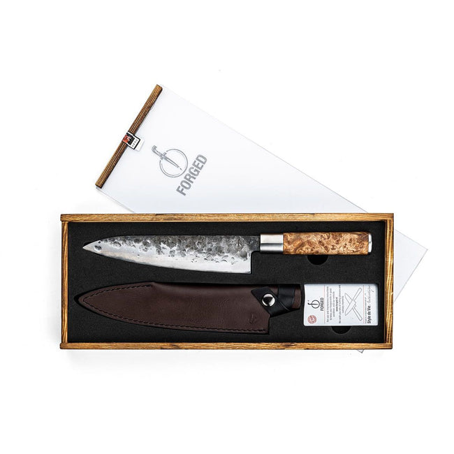 Forjado - Cuchillo de chef VG10, FT 20,5 cm, con funda protectora de cuero