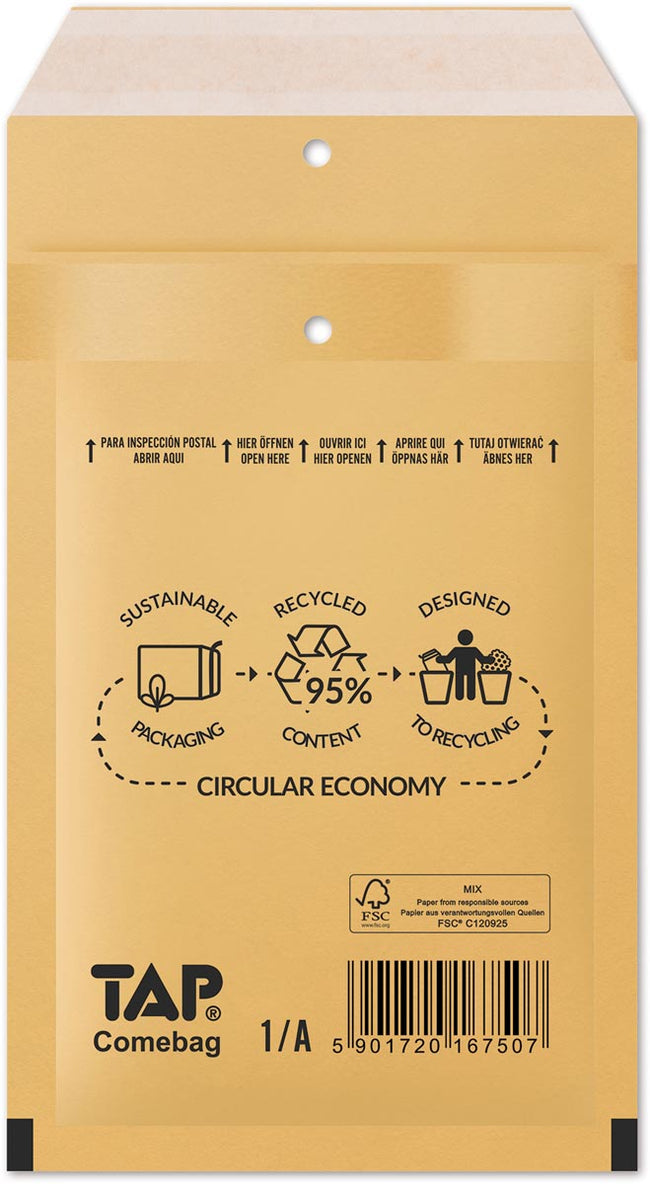 Jiffy -  Comebag luchtkussenenveloppen, ft 100 x 165 mm, met stripsluiting, bruin, doos van 200 stuks