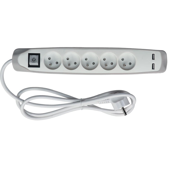 Perel - presa con 5 prese, 2 USB e interruttore, 1,5 m, bianco/grigio, per Paesi Bassi