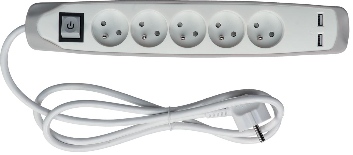 Perel -  contactdoos met 5 stopcontacten, 2 USB en schakelaar, 1,5 m, wit/grijs, voor NL