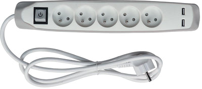 Perel -  contactdoos met 5 stopcontacten, 2 USB en schakelaar, 1,5 m, wit/grijs, voor NL
