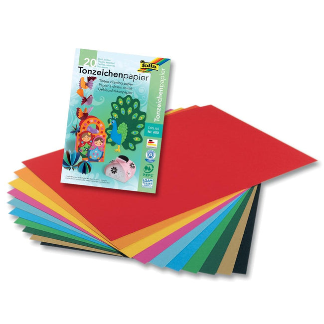 Folia -   gekleurd tekenpapier, 130 g, ft 21 x 29,7 cm, A4, geassorteerde kleuren, blok van 20 vel