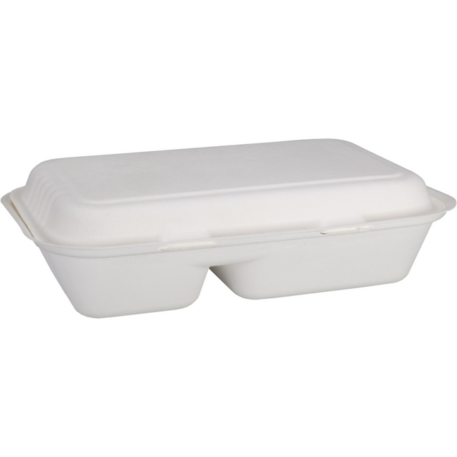 DEPA - BAK | Bagasse (pulpe de canne à sucre) 2 box | 1000 ml | Boîte de repas | 25x16x6cm | Blanc | 50 pièces