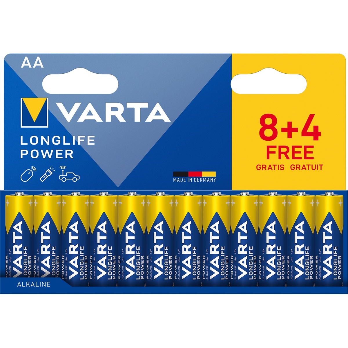 Varta -  batterij Longlife Power AA, blister van 8 + 4