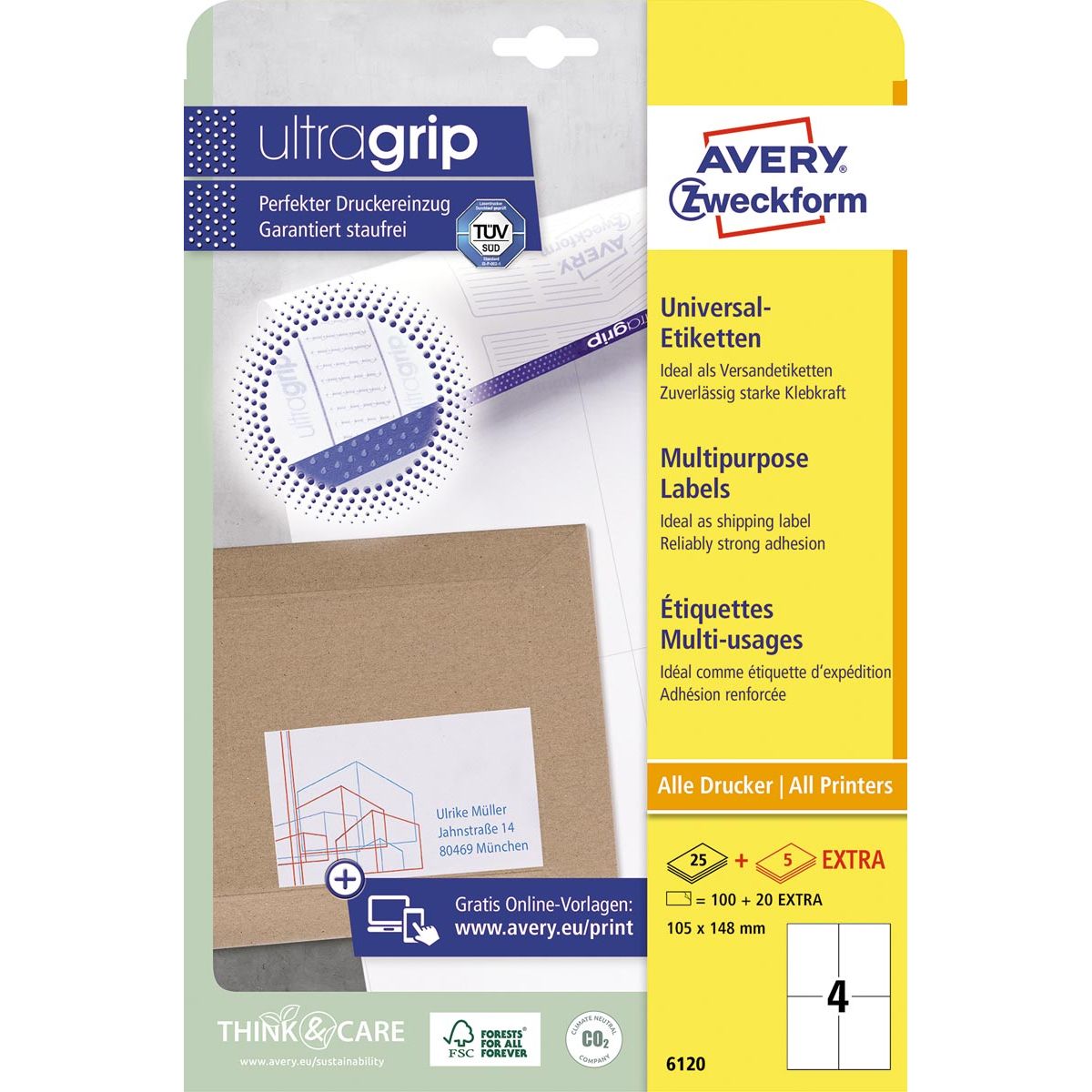 Avery Zweckform - Zweckform 6120, Universal labels, Ultragrip, white, 25+5 sheets, 4 per sheet, 105 x 148 mm