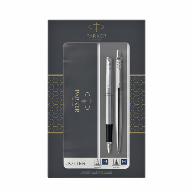 Parker - Bolígrafo y pluma estilográfica Jotter acero inoxidable CT mediano 2 piezas
