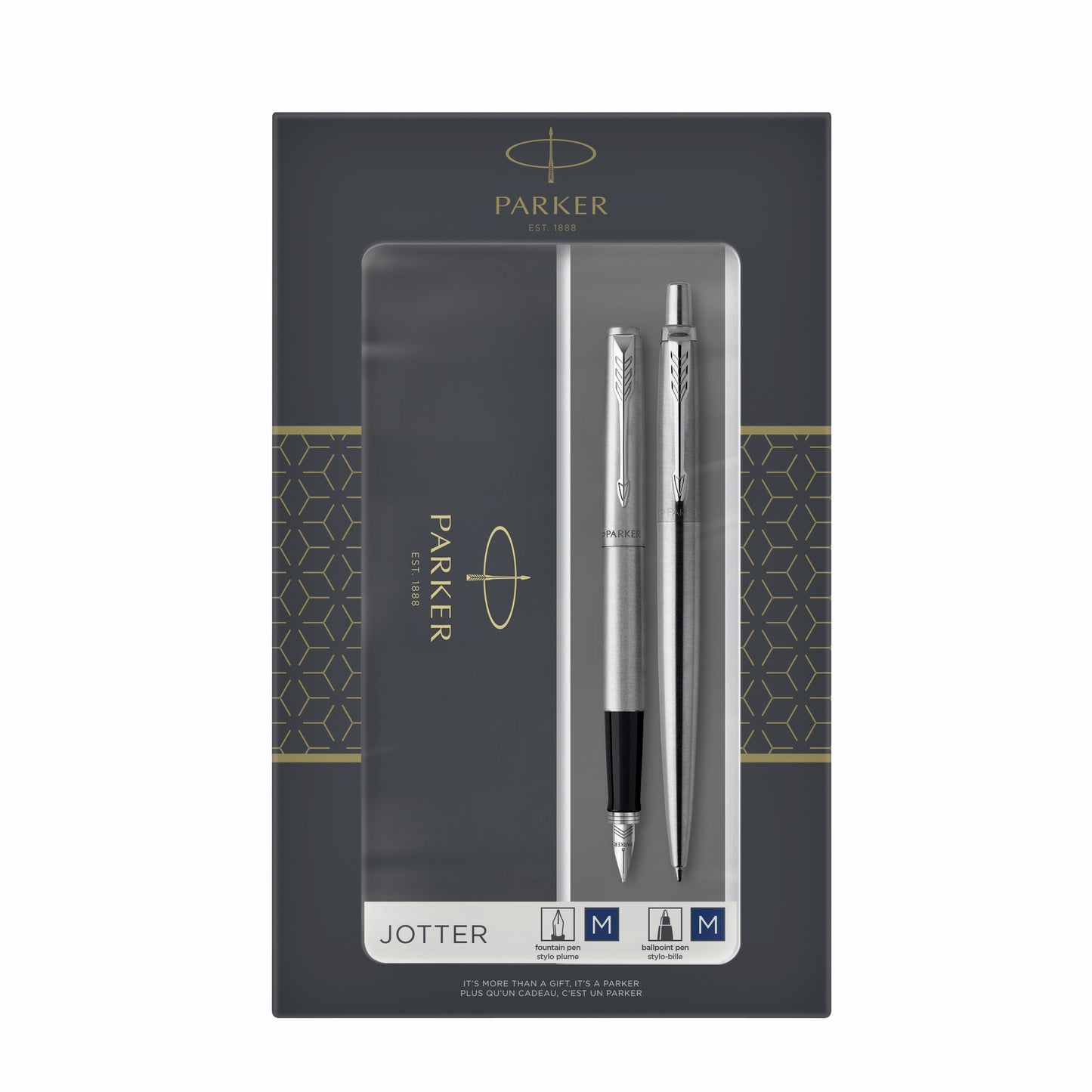 Parker - Bolígrafo y pluma estilográfica Jotter acero inoxidable CT mediano 2 piezas