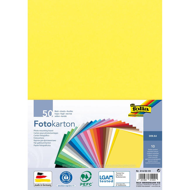 Folia - colored photo cardboard, ft A4, pack of 50 sheets in 10 assorted colors
