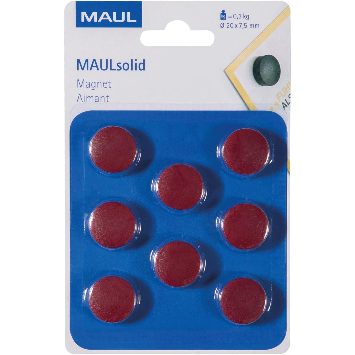 Maul -  magneet Solid, 20 mm, trekkracht 300 gr, blister van 8 stuks, rood