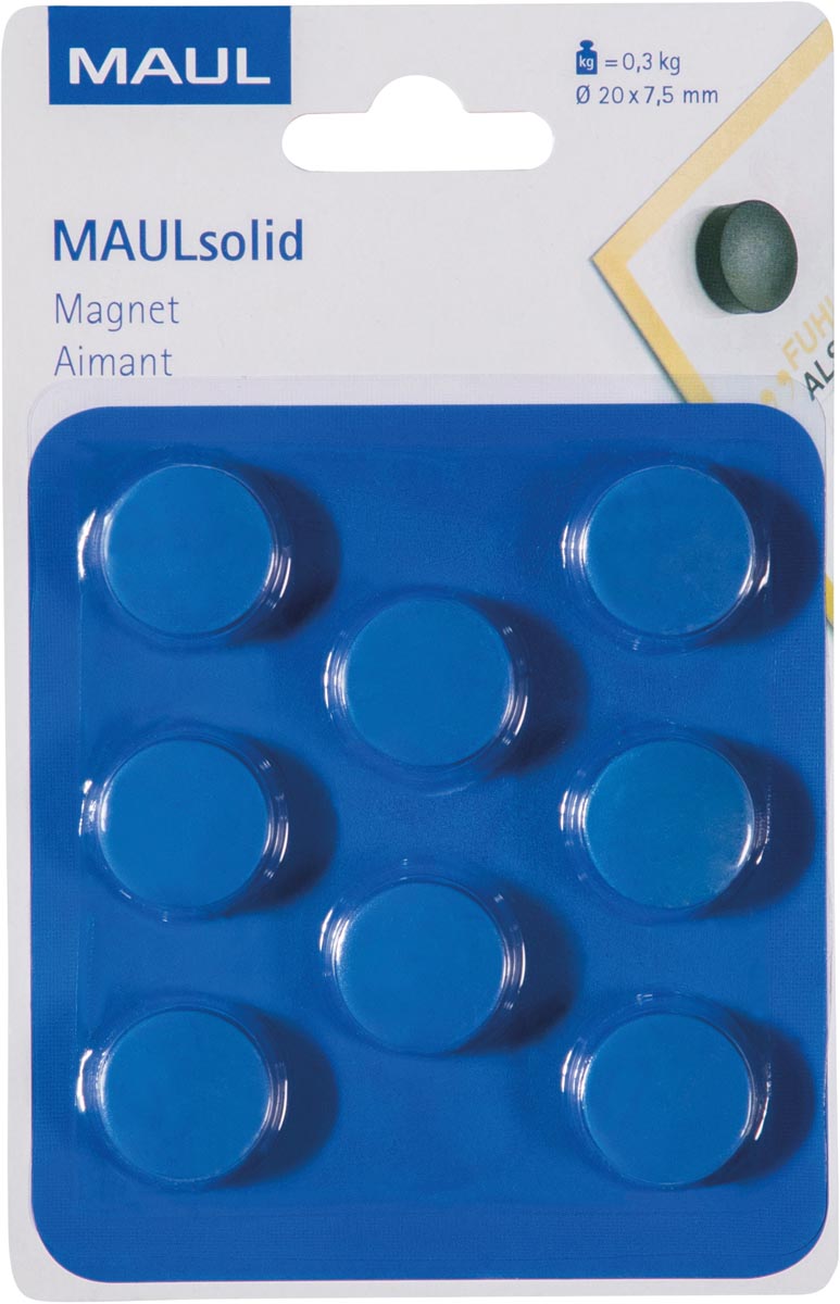 Maul -  magneet Solid, 20 mm, trekkracht 300 gr, blister van 8 stuks, blauw