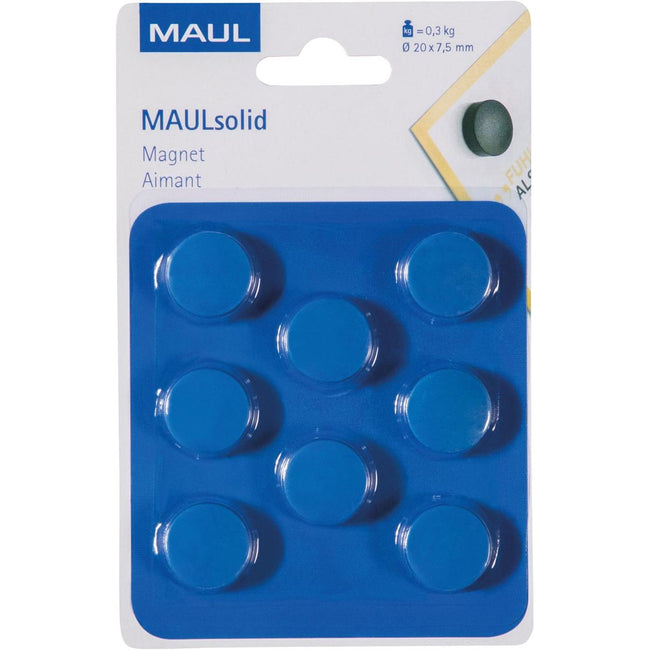 Maul - magnete Solido, 20 mm, forza di trazione 300 gr, blister da 8 pezzi, blu