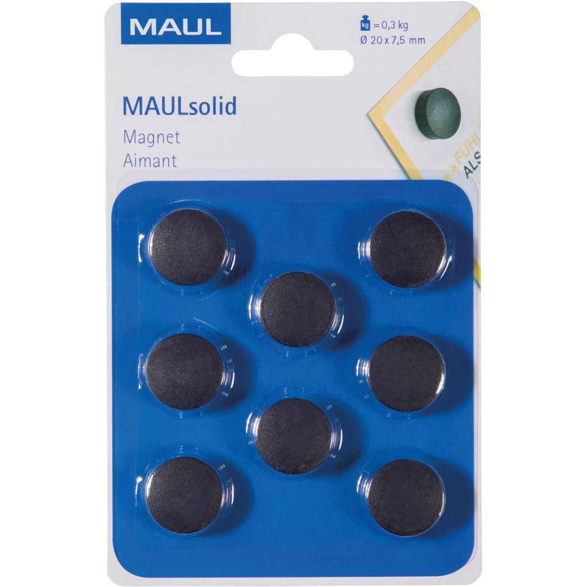 Maul - magnete Solido, 20 mm, forza di trazione 300 gr, blister da 8 pezzi, nero