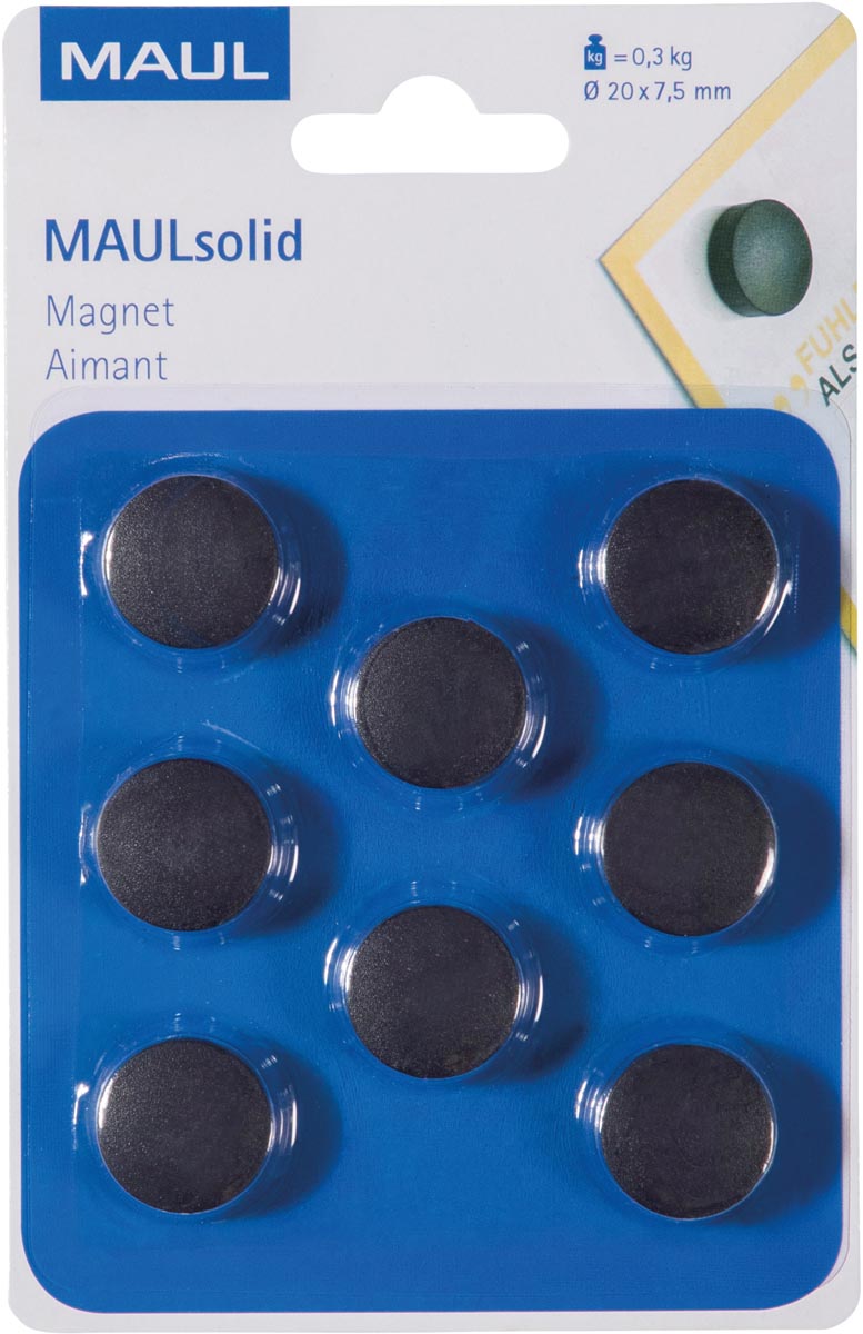 Maul -  magneet Solid, 20 mm, trekkracht 300 gr, blister van 8 stuks, zwart