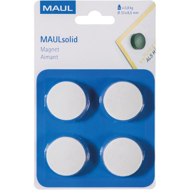 Maul - magnete Solido, 32 mm, forza di trazione 800 gr, blister da 4, pezzi, bianco