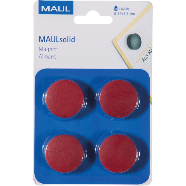 Maul -  magneet Solid, 32 mm, trekkracht 800 gr, blister van 4 stuks, rood