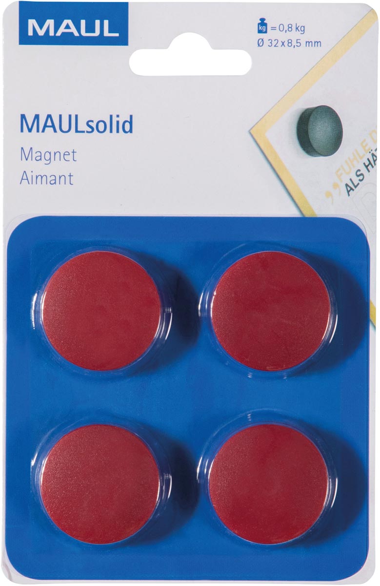 Maul -  magneet Solid, 32 mm, trekkracht 800 gr, blister van 4 stuks, rood