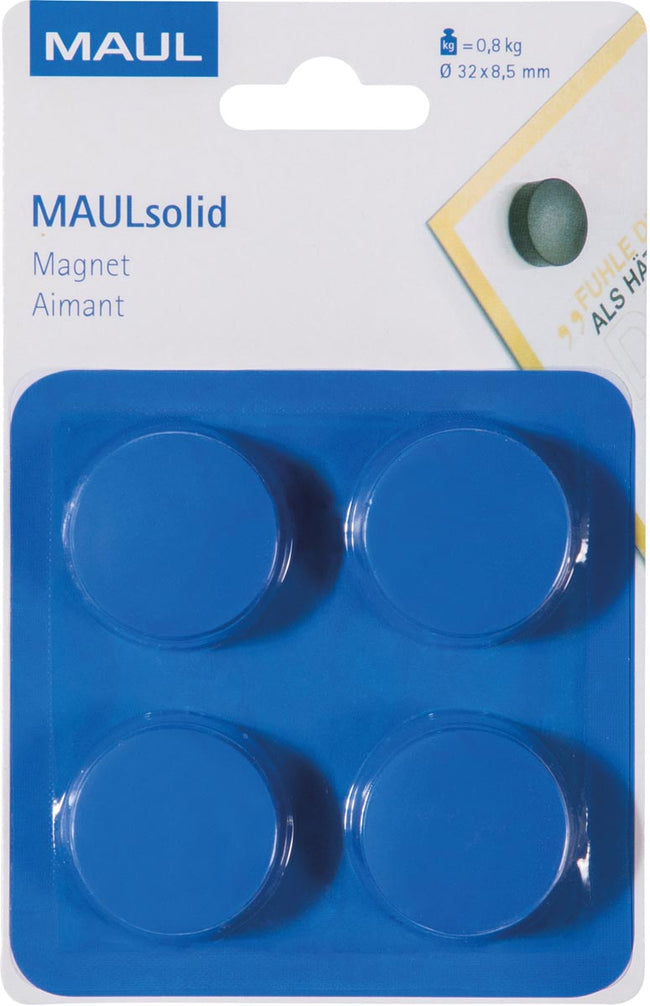 Maul - aimant solide, 32 mm, Tenskkracht 800 gr, cloque de 4 pièces, bleu