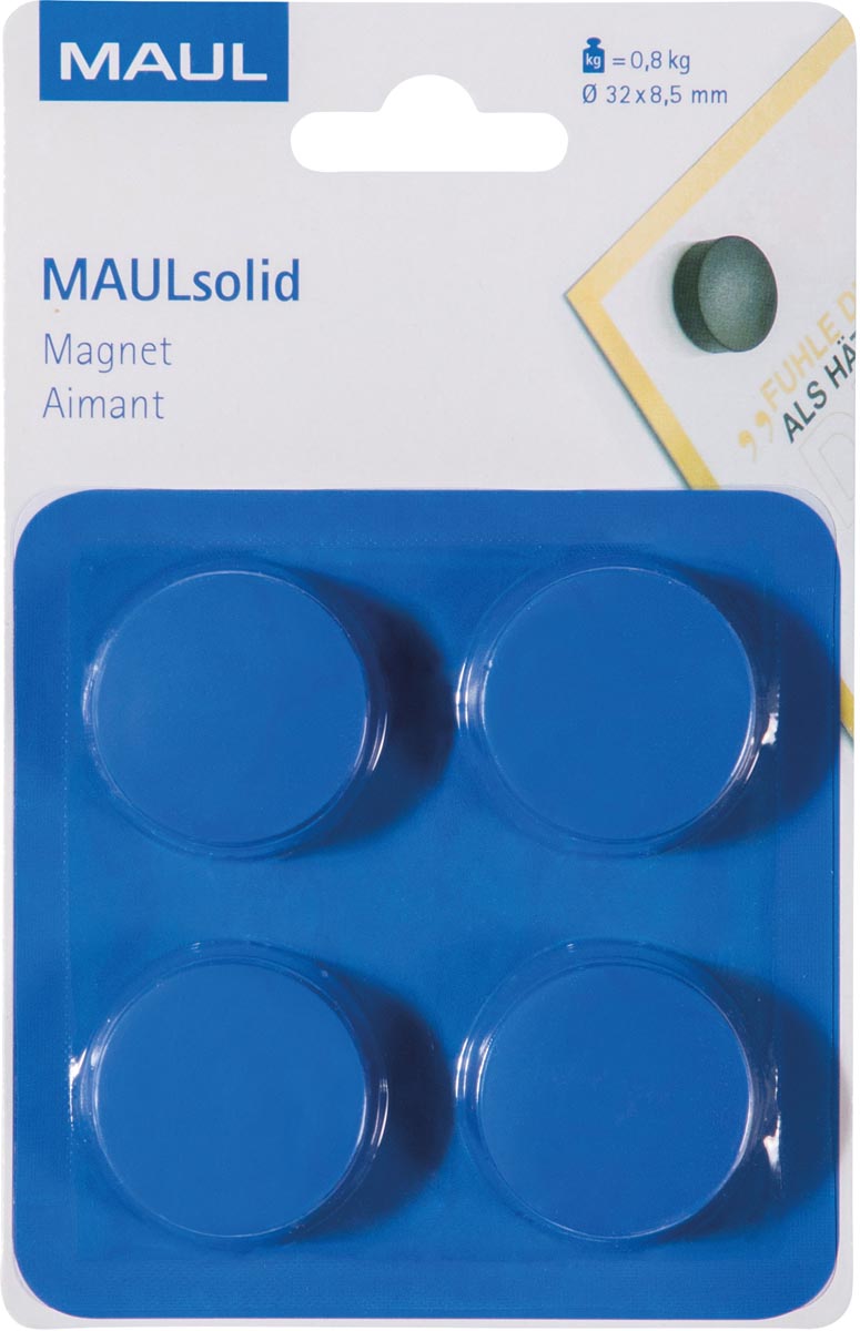 Maul -  magneet Solid, 32 mm, trekkracht 800 gr, blister van 4 stuks, blauw